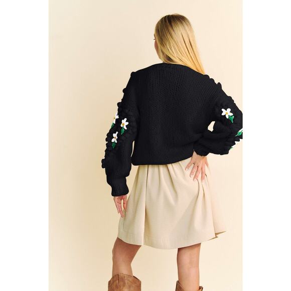 Davi & Dani Embellishments Floral Print Button Up Chunky Knit Cardigan | Black - Picture 2 of 9